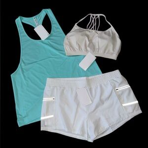 Fabletics Aqua Tank, Off-White Sports Bra and White Shorts Set